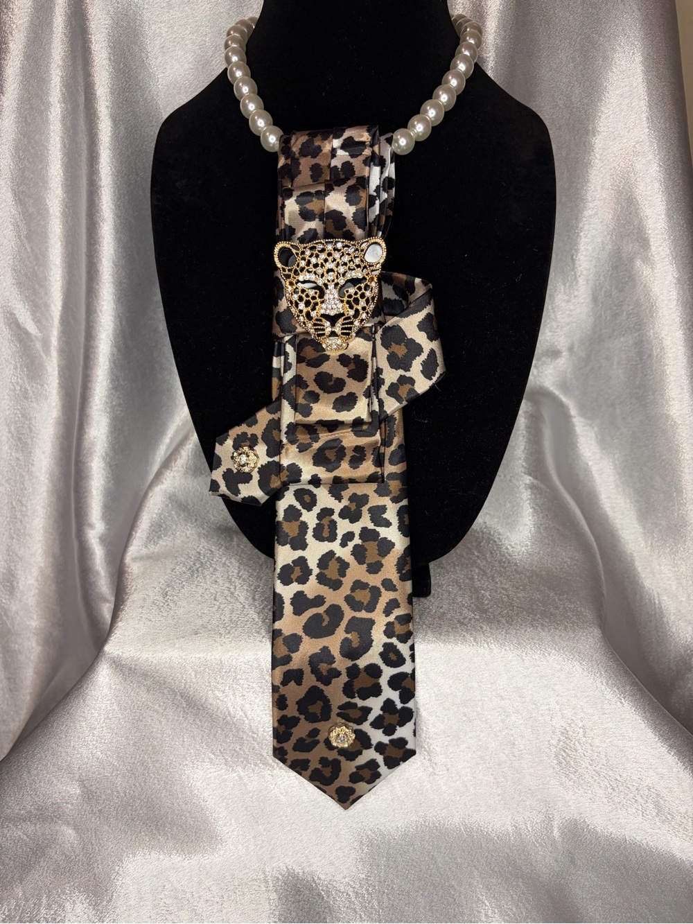 Leopard Print Satin Tie with Gold Jaguar Accent